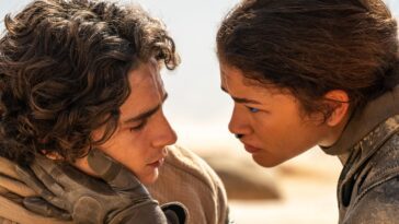 Timothy Chalamet and Zendaya embrace in Dune: Part Two.