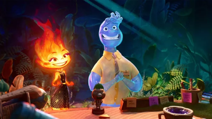 Leah Lewis voices Ember (left) and Mamoudou Athie voices Wade (right) in Elemental (Disney/Pixar)