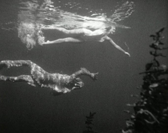 Kay and the Gill-man swim parallel to each other
