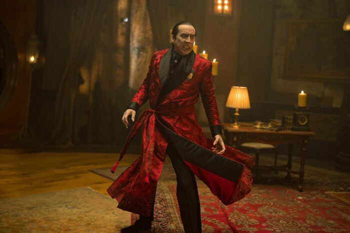 Nicholas Cage gestures menacingly as Dracula in Renfield.