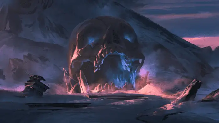 Animated image from The Spine of Night featuring a cave in the shape of a giant skull.
