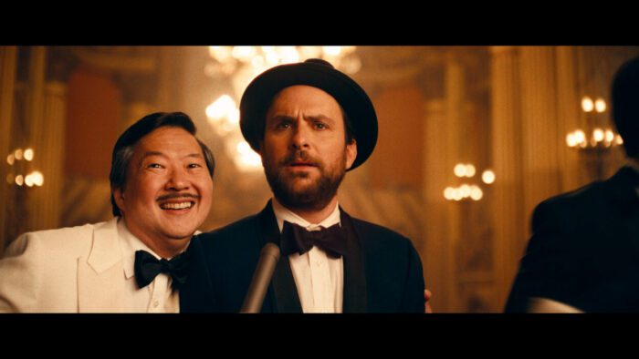 Ken Jeong and Charlie Day in tuxedos on the red carpet in Fool's Paradise, a comedy courtesy of Roadside Attractions