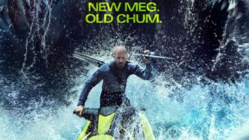 Meg 2: The Trench promo poster featuring Jason Statham on a jet ski with a the giant wide open mouth of a colossal megalodon right behind him. Photo credit Alon Amir.