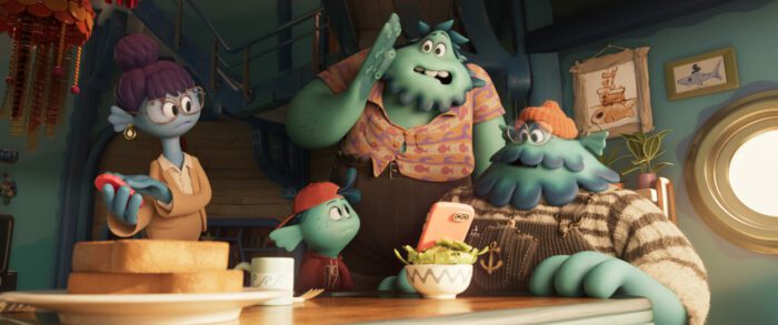 (from left) Agatha Gillman (Toni Collette), Sam Gillman (Blue Chapman), Uncle Brill (Sam Richardson) and Arthur Gillman (Colman Domingo) in DreamWorks Animation’s Ruby Gillman, Teenage Kraken, directed by Kirk DeMicco. © 2023 DreamWorks Animation. All Rights Reserved.