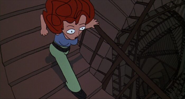 Cartoon Lola runs down the stairs of her apartment block in Run Lola Run