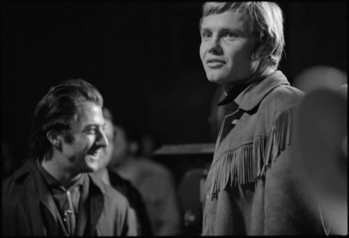 Dustin Hoffman (left) and Jon Voight (right) during the filming of Midnight Cowboy.