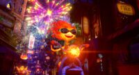 Ember rides her bike at night in Element City while she wears goggles and fireworks go off in the background.