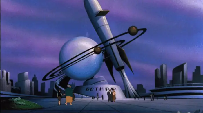 A planet and rocket display at the World of the Future Fair