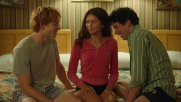 Mike Faist as Art, Zendaya as Tashi and Josh O’Connor as Patrick in CHALLENGERS,