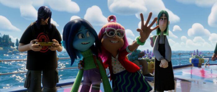 (from left) Trevin (Eduardo Franco), Ruby Gillman (Lana Condor), Margot (Liza Koshy) and Bliss (Ramona Young) in DreamWorks Animation’s Ruby Gillman, Teenage Kraken, directed by Kirk DeMicco. © 2023 DreamWorks Animation. All Rights Reserved.