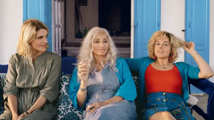 Olivia Côte as Blandine, Kristin Scott Thomas as Bijou and Laure Calamy as Magalie in TWO TICKETS TO GREECE. Courtesy of Greenwich Entertainment.
