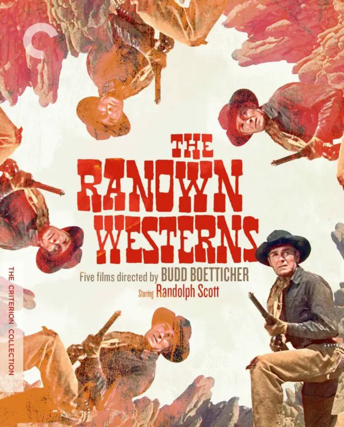 Criterion cover of The Ranown Westerns, Fove films directed by Budd Boetticher with Randolph Scott, featuring stylized images of a gunslinger