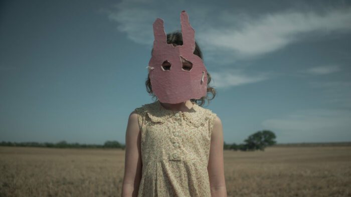 A child wears a rabbit face mask while standing in a field.