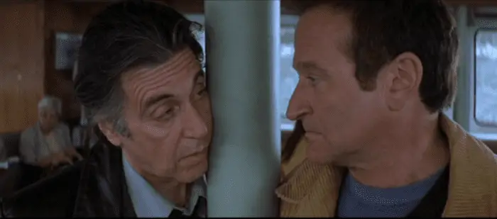 Al Pacino (left) as Detective Will Dormer and Robin Williams (right) as Walter Finch in Insomnia (Warner Bros.)