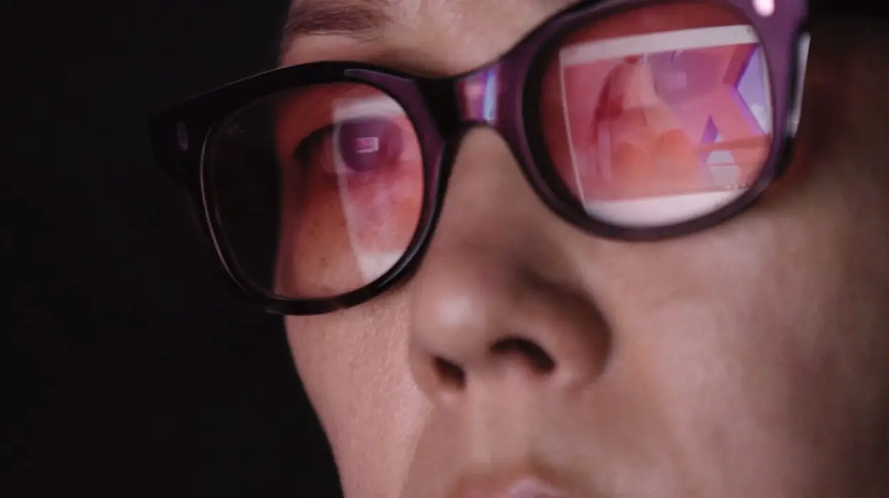 Reflection of a YouTube video in a woman's glasses