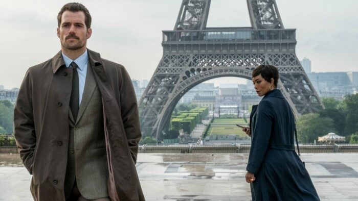 Image from MISSION: IMPOSSIBLE FALLOUT Showing Henry Cavill as August Walker/John Lark and Angela Bassett as Erika Sloane with the Eiffel Tower in the background. 