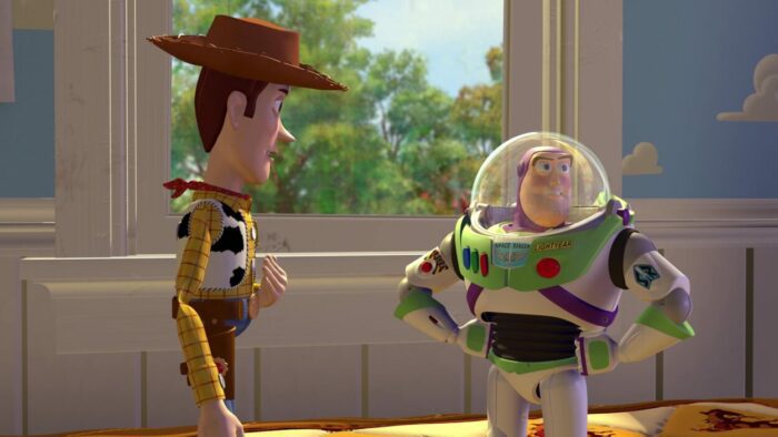 Woody the Cowboy and Buzz Lightyear meet each other for the first time in Andy's room.
