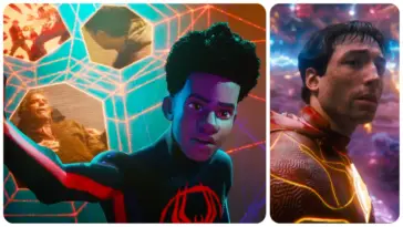 Left panel: Miles Morales (Shameik Moore) confronts the Spider-Society on the morality of canon events, set to the backdrop of canon events from other universes. Right panel: Barry Allen (Ezra Miller) stands in the center of a growingly damaged Speed Force.