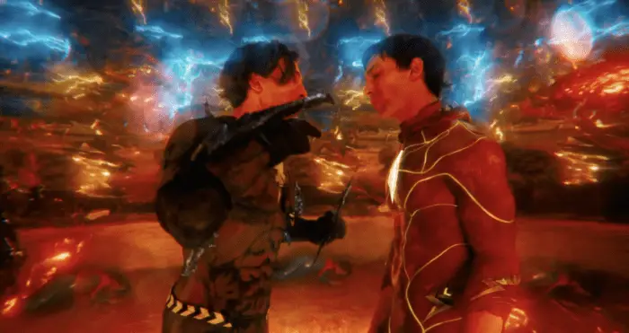 Barry Allen (Ezra Miller, right) is confronted by his 2013 self (left) on the choice to allow their mother's death to happen.