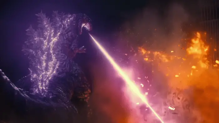 Godzilla in Shin Godzilla, shooting its radioactive breath at the city below