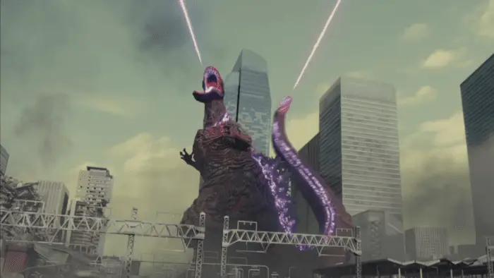 Godzilla in Shin Godzilla, firing its radioactive breath from both its mouth and tail, resembling someone screaming in pain