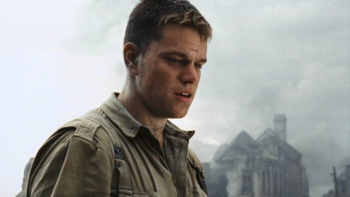 Matt Damon looks off screen in Saving Private Ryan