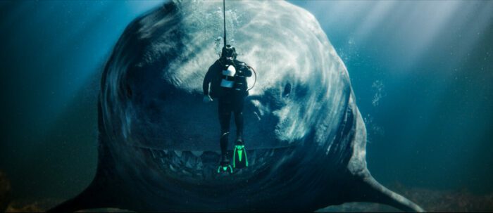 A diver comes face to face with a large shark in The Meg 2: The Trench