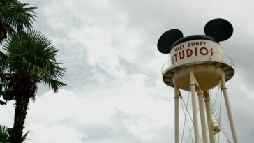The water tower of Walt Disney Studios appears beneath a cloudy sky.