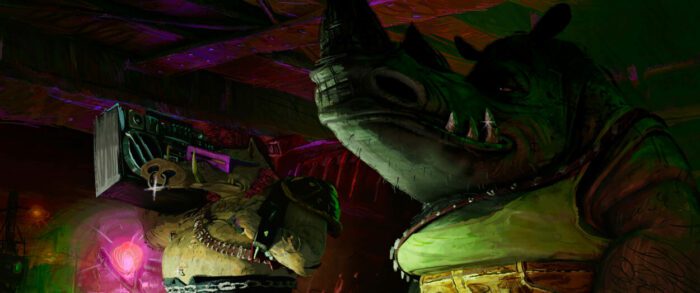 Two mutant villains loom in the dark in "Teenage Mutant Ninja Turtles: Mutant Mayhem"
