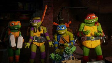 Four colorful ninja turtles gather together in "Teenage Mutant Ninja Turtles: Mutant Mayhem"