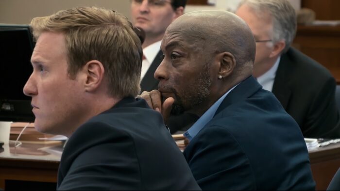 Plaintiff Dewayne “Lee” Johnson listens to opening arguments for Johnson v. Monsanto Company, with attorney David Dickens. Credit: Photo courtesy of Courtroom View Network and Disappearing Insects Productions Inc. © 2022