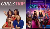 Movie posters for "Girls Trip" and "Joy Ride" courtesy of Universal Pictures and Lionsgate Studios respectively. For "Girls Trip," four Black women pose together on the poster. For "Joy Ride," four Asian women sit together on the poster.