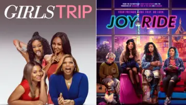 Movie posters for "Girls Trip" and "Joy Ride" courtesy of Universal Pictures and Lionsgate Studios respectively. For "Girls Trip," four Black women pose together on the poster. For "Joy Ride," four Asian women sit together on the poster.