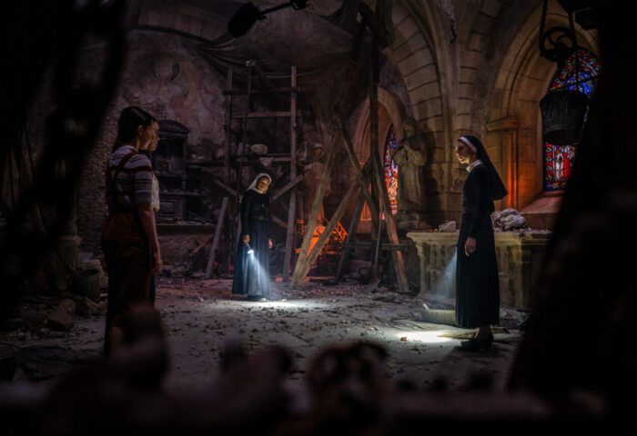 (L to r) KATELYN ROSE DOWNEY as Sophie, ANNA POPPLEWELL as Kate, STORM REID as Sister Debra and TAISSA FARMIGA as Sister Irene in New Line Cinema's horror thriller "The Nun II," a Warner Bros. Pictures release. Photo Credit: Bruno Calvo. © 2022 Warner Bros. Entertainment Inc. All Rights Reserved. 