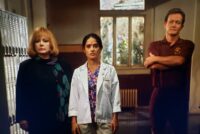 [L to R] Piper Laurie, Selma Hayek, and Robert Patrick as Mrs. Olson. Nurse Harper, and Coach Willis in The Faculty (1998). Screen capture off Paramount+.