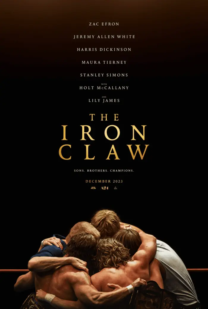 Poster for The Iron Claw featuring the Von Erich brothers embracing.