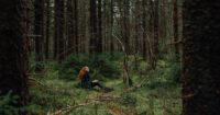 A young girl sits in a forest.