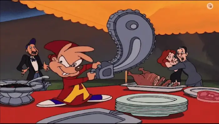 A wacky, "monster" version of Alvin stands on the buffet table, holding chainsaw and scaring people around him.