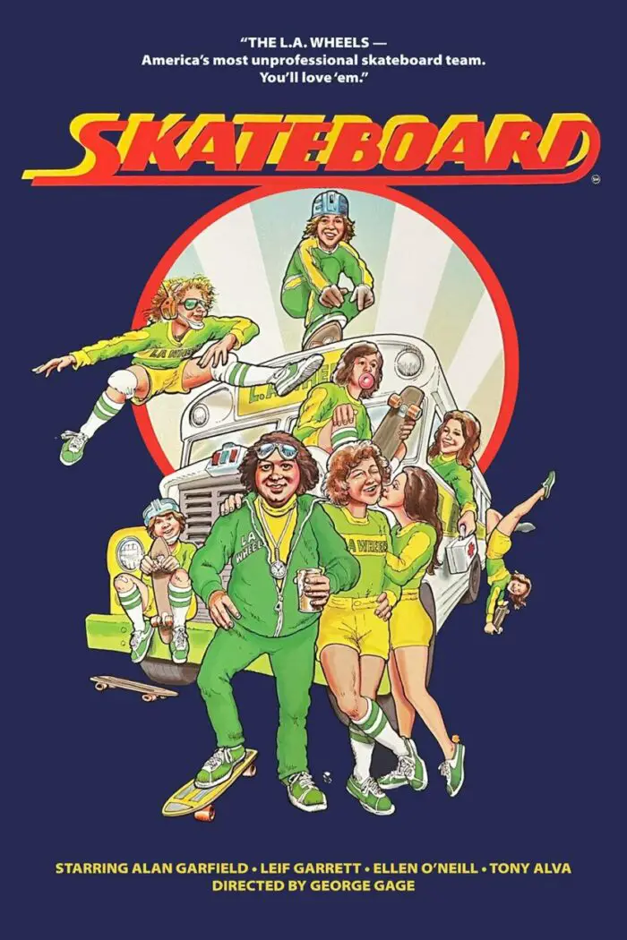 Poster for Skateboard, depicting a cartoon drawing of the cast. 
