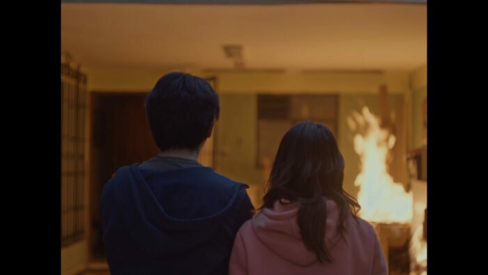Two teens---a boy and a girl---look at a fire.