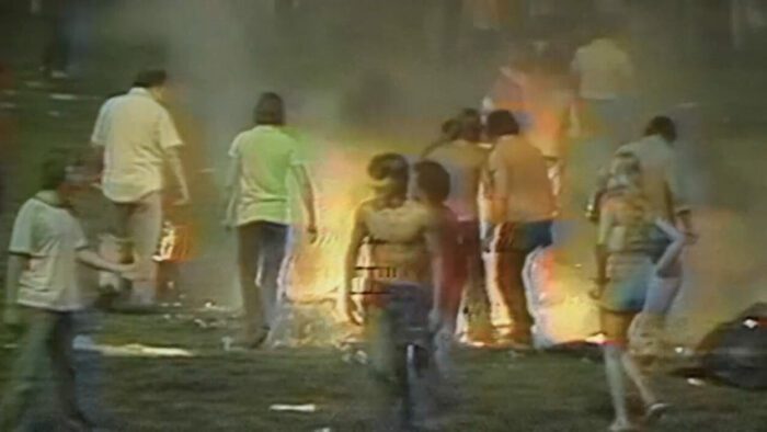 Fans riot and set the Comiskey Park field aflame on July 12, 1979.
