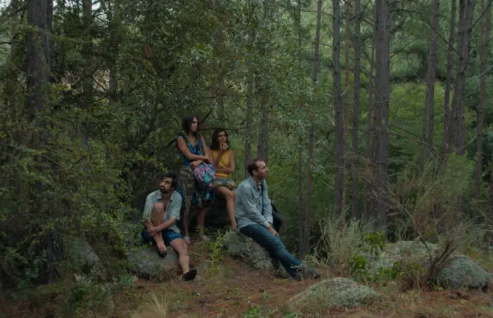 Two men and two women sit in a forest.