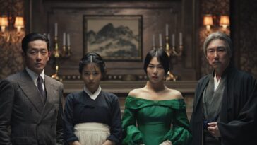 film still from The Handmaiden (2016) showing Sook-Hee, Lady Hideko, Count Fujiwara and Uncle Kouzuki