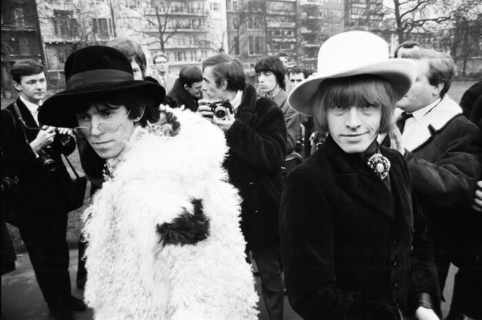 Keith Richards and Brian Jones of The Rolling Stones pictured in Green Park London for a press conference prior to their departure for America where they are to appear on the Ed Sullivan coast-to -coast show.