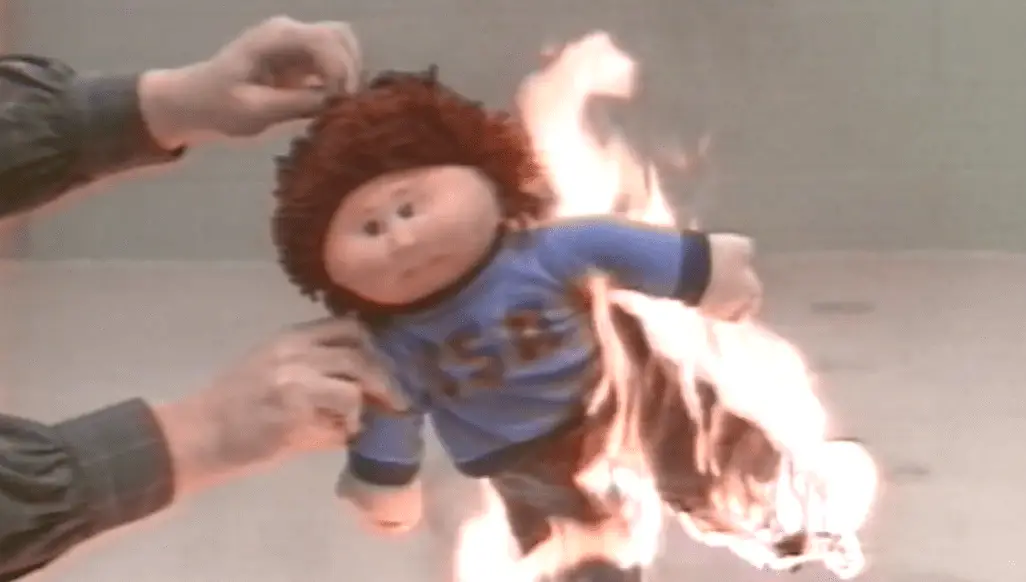 Counterfeit Cabbage Patch Doll set on fire