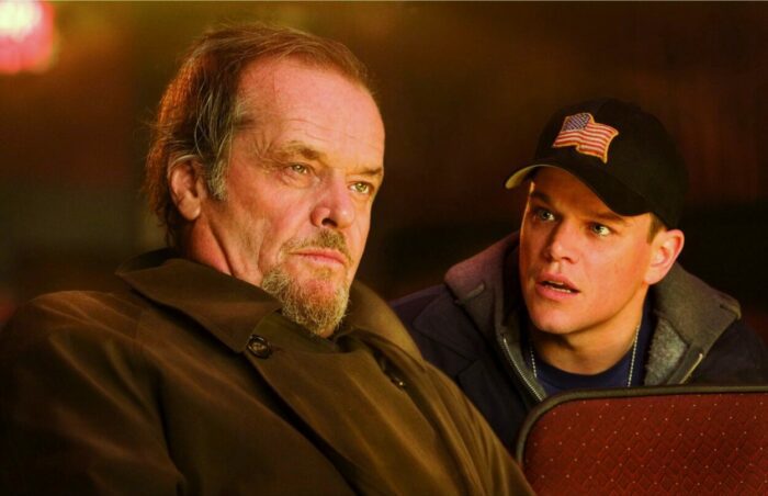 Jack Nicholson and Matt Damon converse in The Departed. 