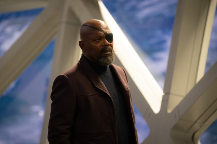 Nick Fury stands to give orders in The Marvels.