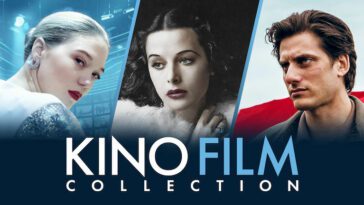Kino Film Collection promotion featuring images ftom France, Bombshell: The Hedy Lamarr Story, and Martin Eden.