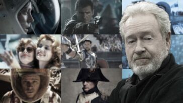 An headshot of Sir Ridley Scott superimposed over a collage of images from the director's films.