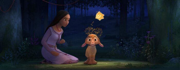 A floating star sprinkles magic dust on a baby goat next to a girl in Wish.